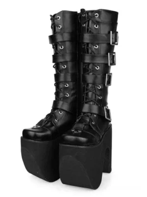 Black gothic platform mid-calf boots three-quarter front view showcasing PU leather upper, thick platform sole, and buckle hardware details
