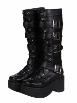 Black gothic lolita boots three-quarter front view pair showing platform sole and buckle details classic lace-up design