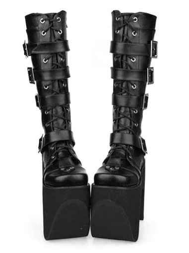 Black gothic platform lolita boots front view with multiple metal buckles and lace-up design, chunky block heel, round toe