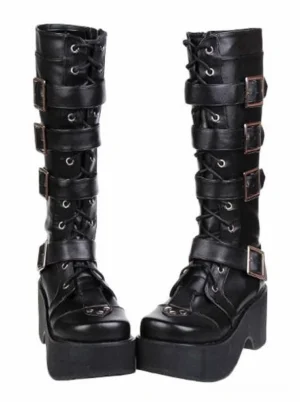 Black gothic platform lolita boots front paired display featuring metal buckles and lace-up closure thick chunky sole