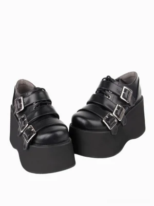 Black gothic platform lolita shoes overhead front view lace-up front closure 3 silver buckle straps thick black platform heel