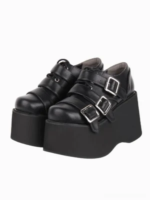 Black gothic platform lolita shoes front three-quarter view paired display round toe silver buckle straps chunky matte platform sole