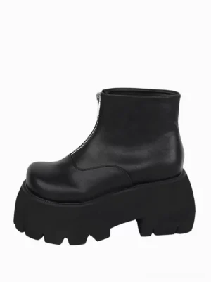Single black steampunk lolita boot showcasing silver metallic zipper and thick black platform sole side profile angle