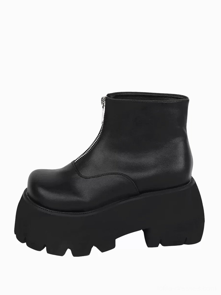Single black steampunk lolita boot showcasing silver metallic zipper and thick black platform sole side profile angle