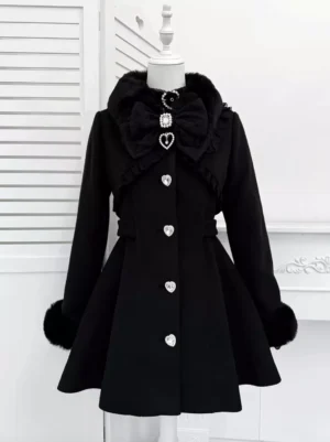 Black Gothic Sweet Lolita wool overcoat front flat display with A-line silhouette, faux fur cuffs, heart-shaped diamond buttons, and large collar bow