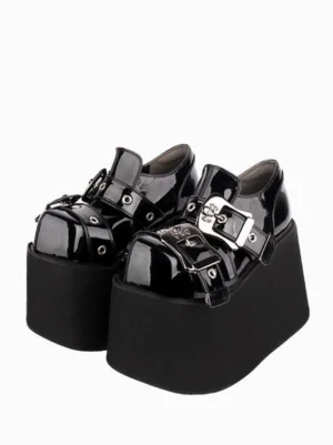 black gothic wedge platform lolita pumps with silver grommets front three-quarter view showcase glossy pu leather upper and chunky platform sole