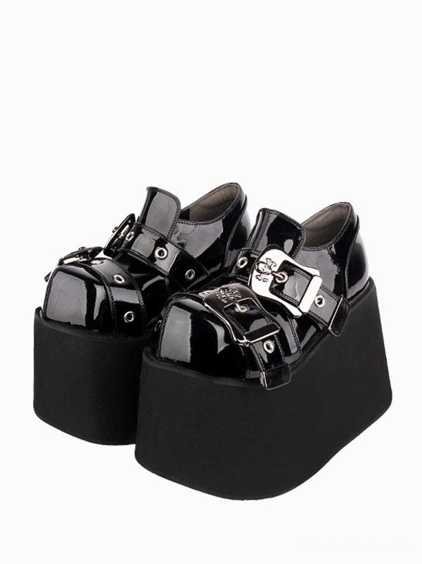 black gothic wedge platform lolita pumps with silver grommets front three-quarter view showcase glossy pu leather upper and chunky platform sole