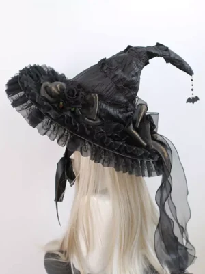 Black gothic witch lolita headdress with black roses and ruffled mesh brim side view