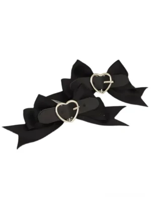Black matte bow hair clips with silver heart-shaped chain buckles on white background flat lay view sweet lolita accessories