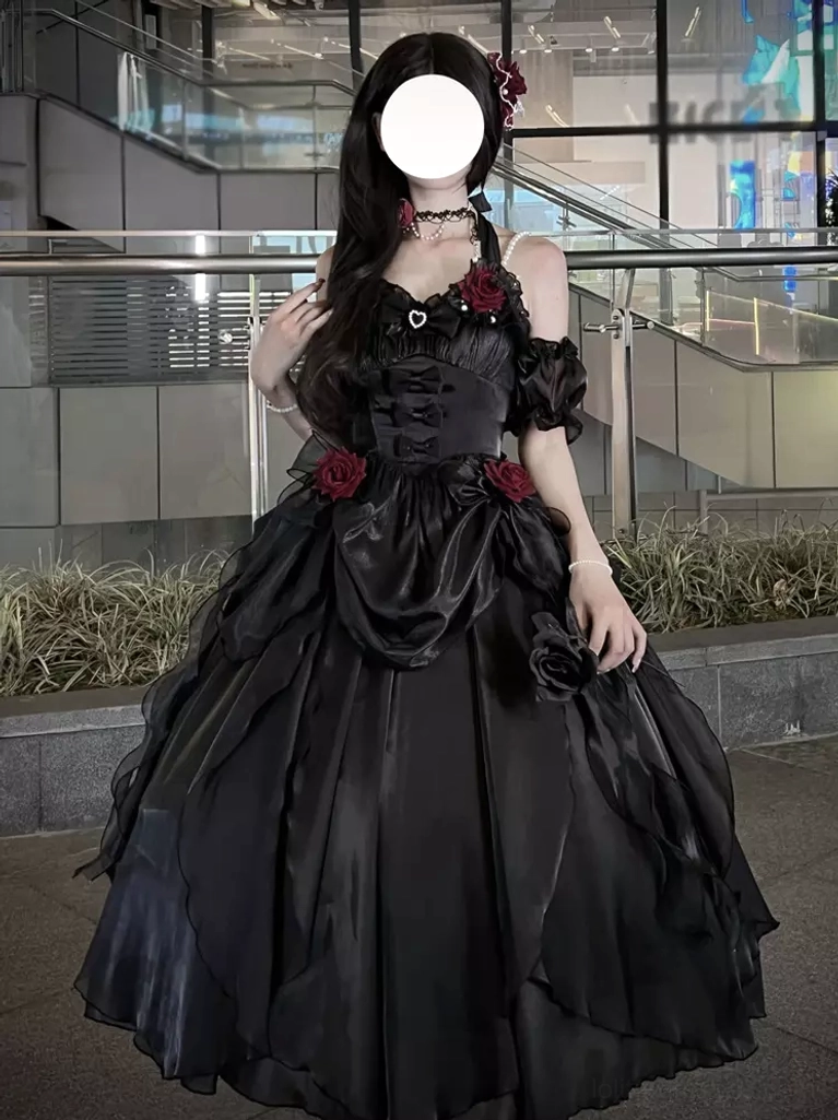 Black sleeveless hime lolita dress with ruffled off-shoulder bandage design gothic sweet aesthetic coordinate full body view