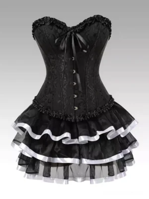 Black jacquard Victorian corset with front bow and multi-layer tulle skirt with silver-white ribbon trims - lolita dress set front view