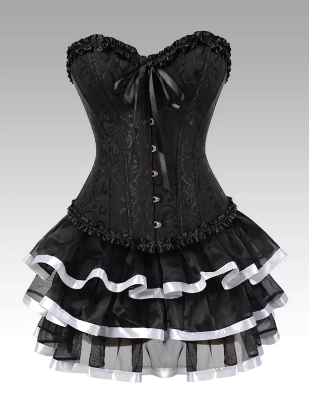 Black jacquard Victorian corset with front bow and multi-layer tulle skirt with silver-white ribbon trims - lolita dress set front view