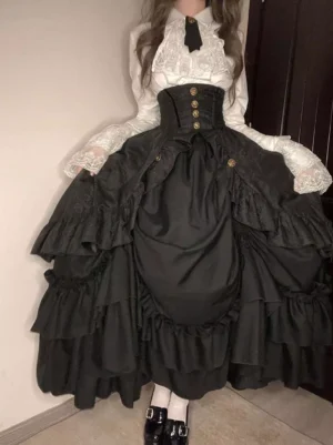 Black jacquard gothic lolita skirt with layered ruffles high waist corset front partial view cropped