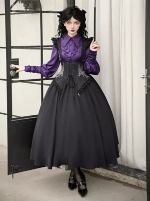 Black gothic lolita suspender skirt dress with purple ruffled collar blouse and black corset bodice side-front three-quarter view indoor doorway