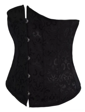 Strapless black jacquard corset left-front perspective showing dark floral pattern, streamlined silhouette, and front fastener details on pure white background