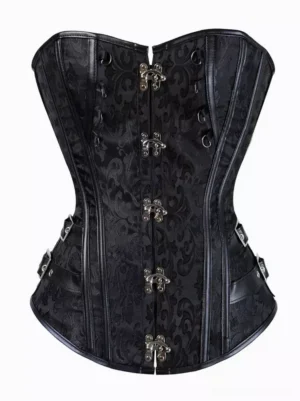 Black strapless corset top with jacquard floral pattern and silver metal clasp closures front view lolita gothic fashion