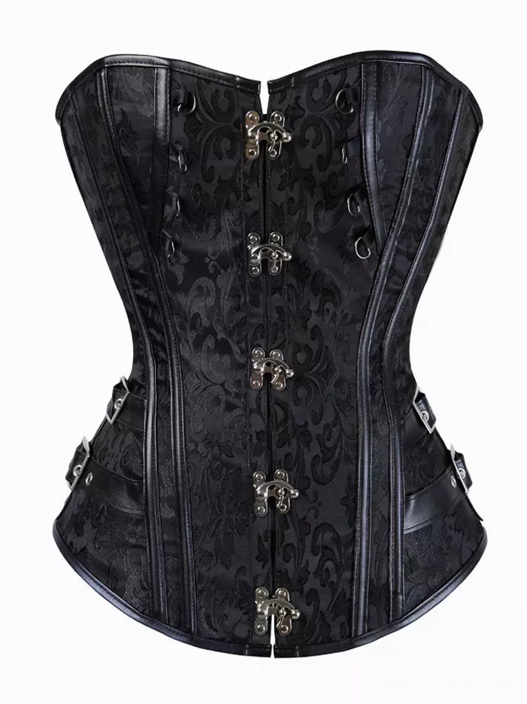 Black strapless corset top with jacquard floral pattern and silver metal clasp closures front view lolita gothic fashion