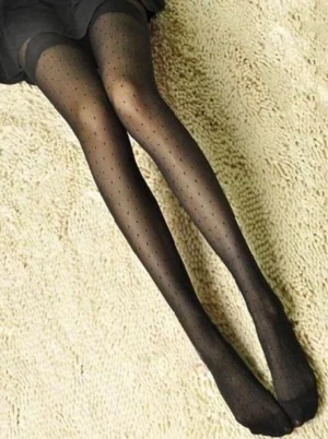 Black jacquard lolita pantyhose with polka dot pattern displayed on model legs overhead view showing sheer texture and tiny dot weave