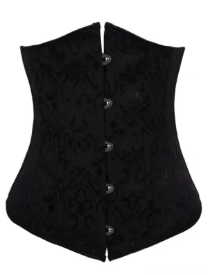 Black jacquard underbust corset front view with vintage damask pattern and hook-and-eye closure, flat lay display showing intricate woven texture and curved waistline design