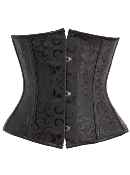 Black jacquard underbust corset with vintage scroll pattern front view, featuring metal button fasteners and hourglass waist shaping on pure white background, perfect for lolita fashion styling