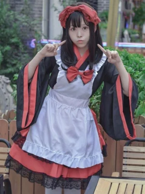 Black kimono maid lolita dress front view worn by model, featuring black cross-collar top with red trim, white apron with red bow, layered red ruffled skirt with black lace hem, and red lace hairband at outdoor cafe
