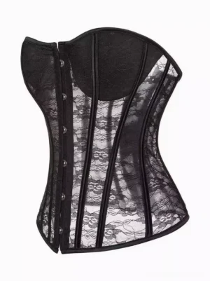 Black strapless lace corset three-quarter front right view displaying sheer floral lace overlay boned waist shaping elegant corsetry design