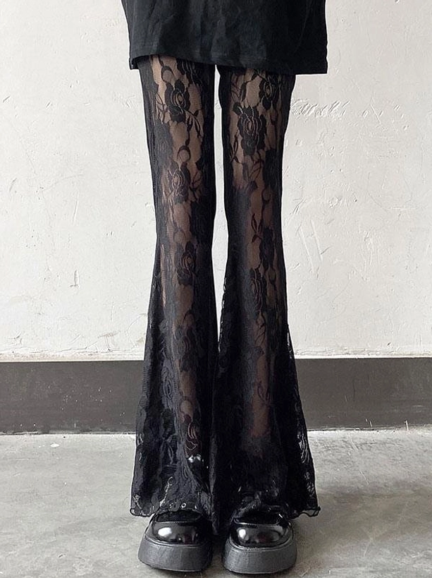 Black lace flared lolita pants, straight front view, rose floral lace pattern, metal buckle trim at cuff hems, detailed lace texture