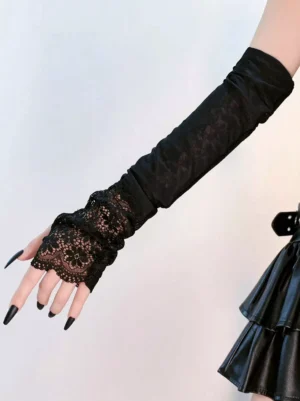 Black fingerless lace long gloves side close-up view showing floral lace trim and fingerless design with gothic skirt styling
