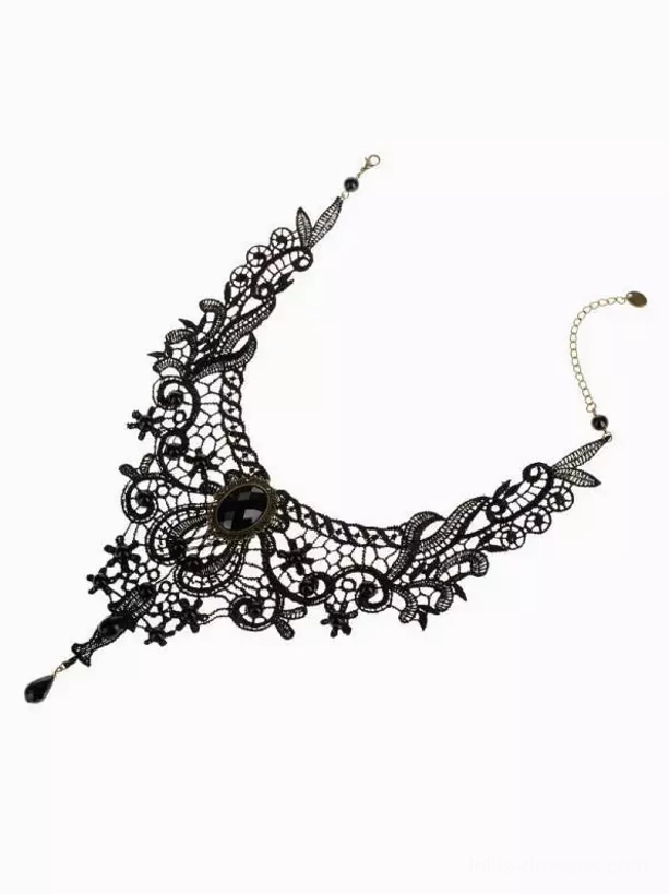 Side oblique view of black lace choker showing curved collar design and teardrop pendant accent