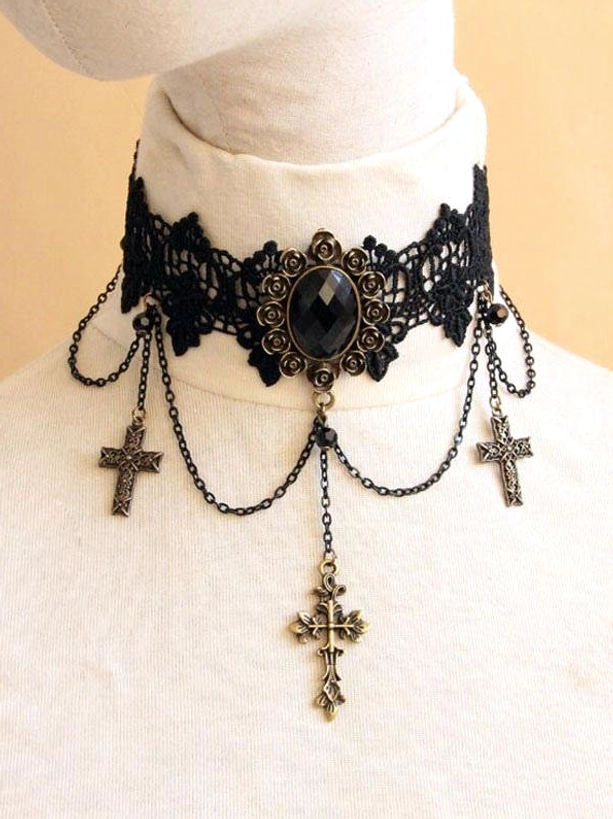 gothic lolita choker full display front view showing black lace collar with oval black bronze gem ornament and cross pendant chains
