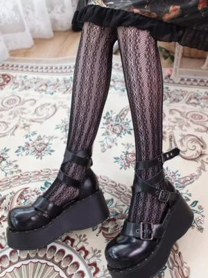 Black lace diamond mesh lolita hosiery over-knee stockings featuring intricate mesh pattern, showcased with platform buckle shoes on vintage floral carpet