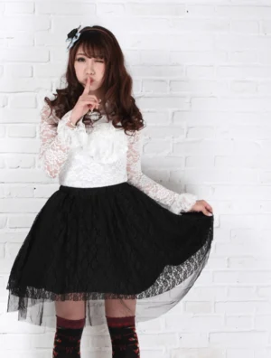 Black layered lace lolita skirt front medium shot, red patterned thigh-high socks, blue bow hairband, sweet lolita styling complete outfit