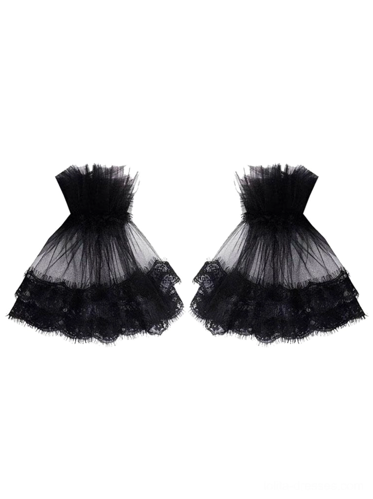Single black lace wrist cuff front display view tiered ruffled design eyelash lace trim steampunk lolita accessory