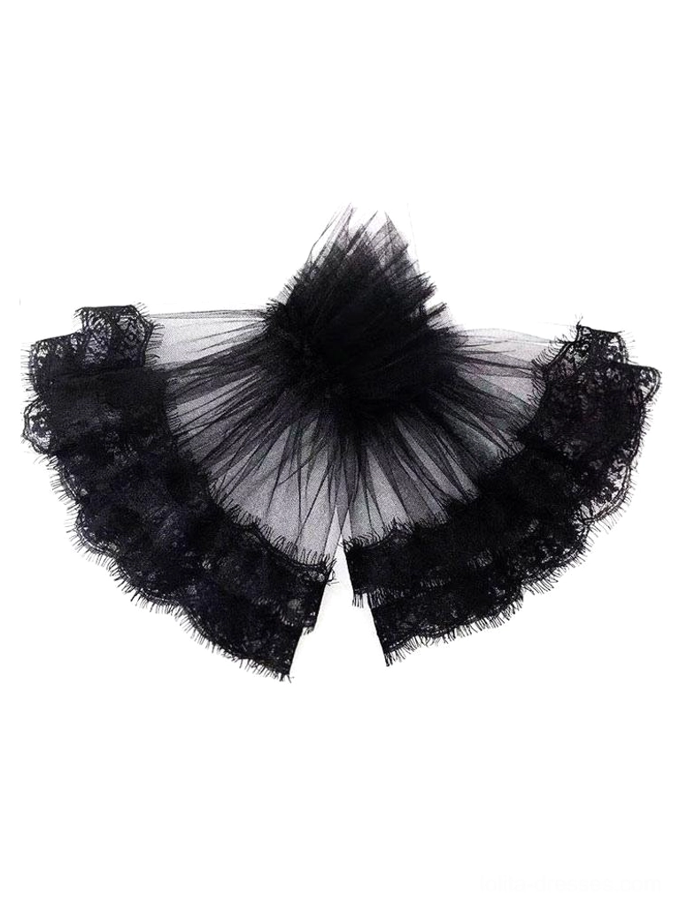 Pair of black lace lolita wrist cuffs flat lay view gathered elastic top sheer tulle base ruffled hem steampunk gothic