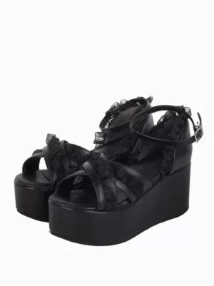 Black Lolita peep-toe platform sandals front three-quarter view showing crisscross PU straps with delicate lace ruffles and adjustable ankle buckle strap on white background