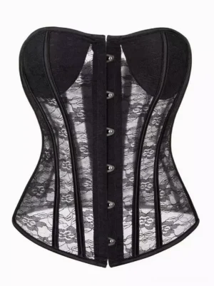 Black sheer lace strapless corset waist cincher front view showing floral lace pattern boned structure and front snap closure gothic fashion corset