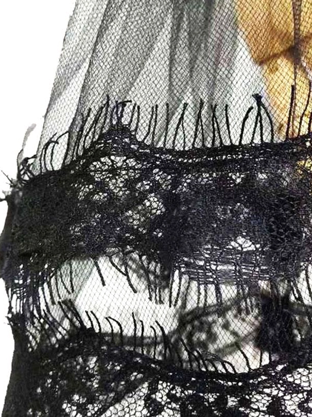 Black lace fabric trim close-up flat lay floral lace pattern double-layered frayed trim sheer clothing background