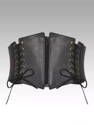 Black lace-up corset waist belt with metal eyelets and central zipper closure displayed on flat white background, front view showing structured faux leather design