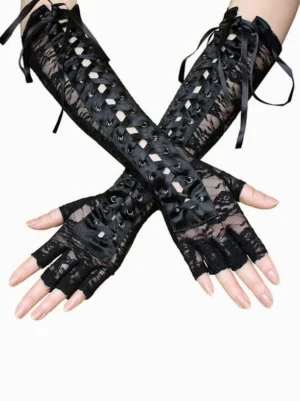 Black lace-up gothic fingerless oversleeves arm warmers worn on both arms in overhead cross pose showing floral lace pattern satin ribbon closures