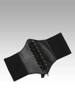 Black lace-up waist corset belt faux leather with metal eyelets flat lay view Gothic Lolita fashion accessory cincher