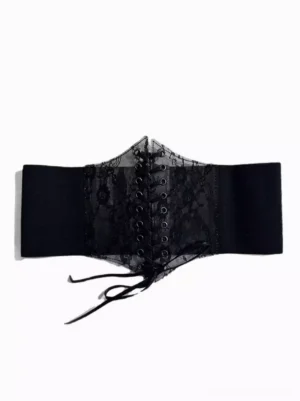 Black lace waist cincher with lace-up tie front and metal eyelet closure, featuring sheer floral lace panels and elasticated side bands, displayed on white background for gothic lolita fashion