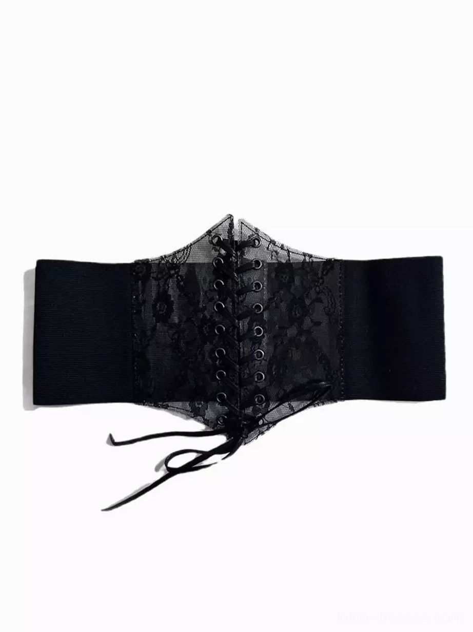 Black lace waist cincher with lace-up tie front and metal eyelet closure, featuring sheer floral lace panels and elasticated side bands, displayed on white background for gothic lolita fashion