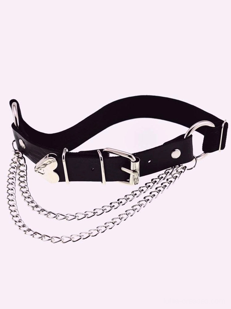Side view of black leather chain garter showing rear adjustment hardware, silver heart accent, and dual metal chains for Lolita fashion styling