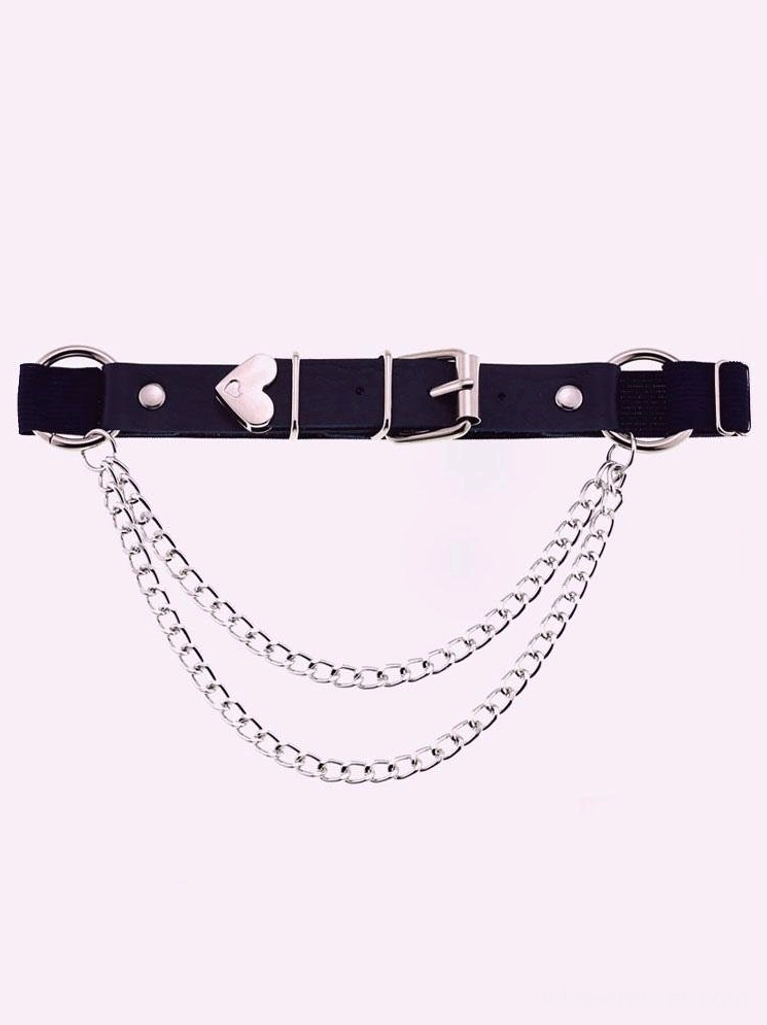 Double silver chain leather strap accessory with heart accent detail, front flat lay view showing black leather strap and romantic Lolita embellishment