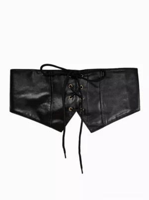 Black leather gothic waist cincher belt flat lay showing pointed bottom hem design, smooth matte leather finish, functional lace-up metal grommet system, and textured ruched surface details