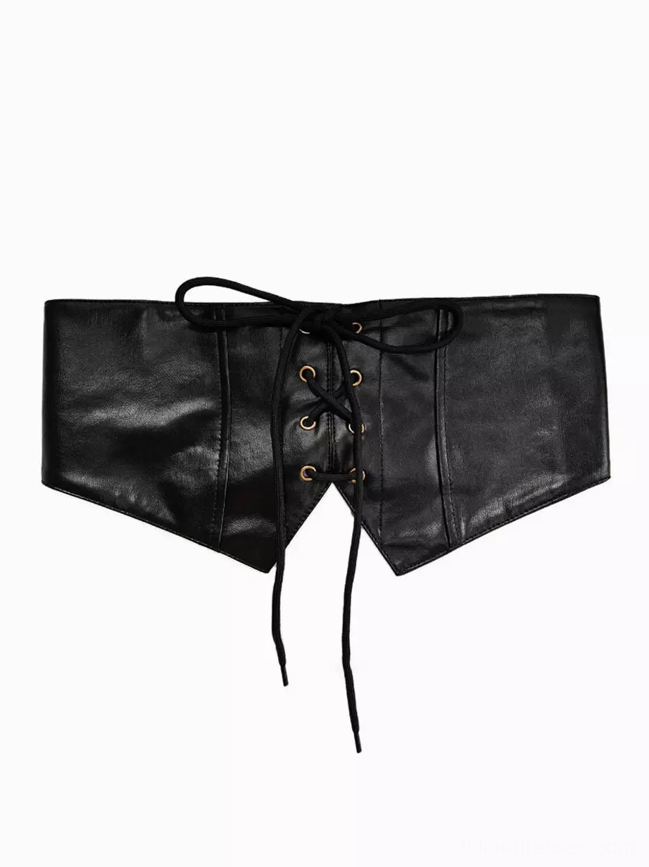 Black leather gothic waist cincher belt flat lay showing pointed bottom hem design, smooth matte leather finish, functional lace-up metal grommet system, and textured ruched surface details