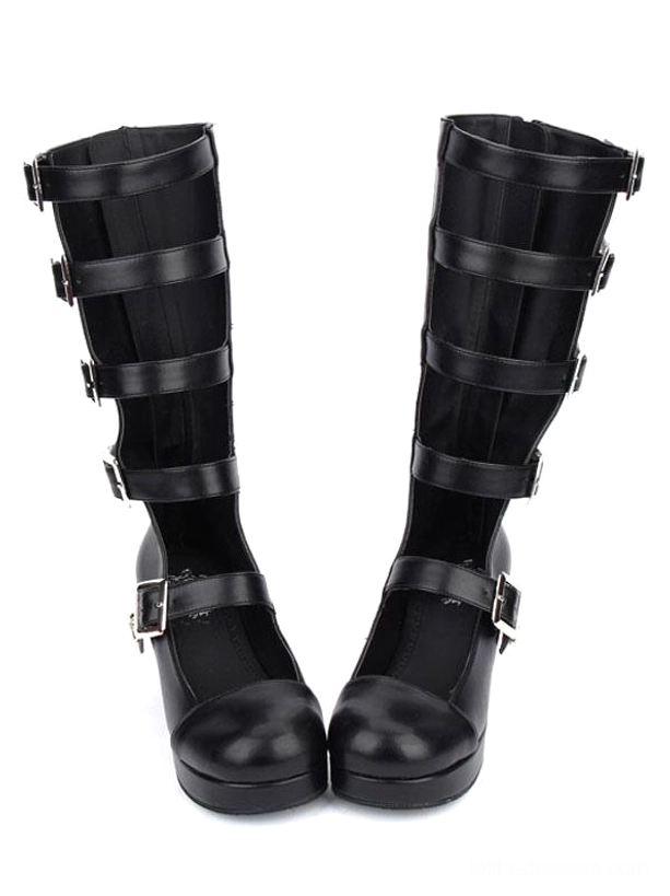 Simple elegant black leather mid-calf buckle boots with silver hardware and platform heel, frontal paired display of the minimalist punk lolita design