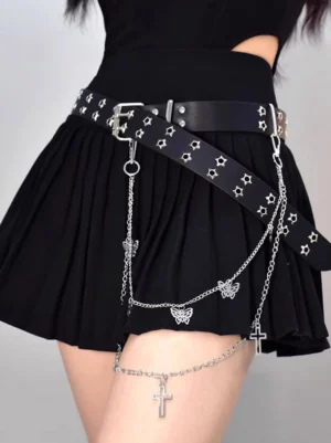 Black gothic lolita punk belt with star studs and multiple layered silver chains with butterfly cross pendants side back view on model