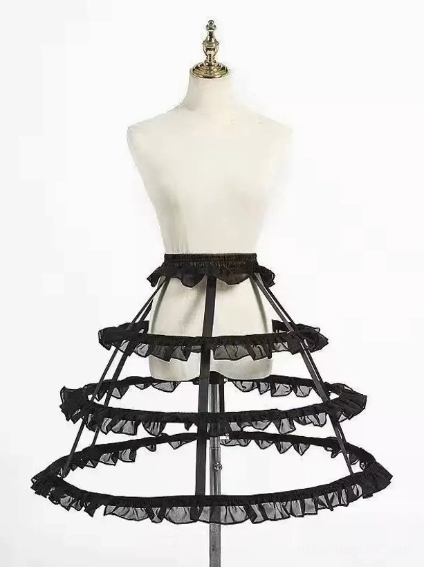 black lolita 4-hoop cage crinoline petticoat with ruffled chiffon trim front flat view steel boned underskirt