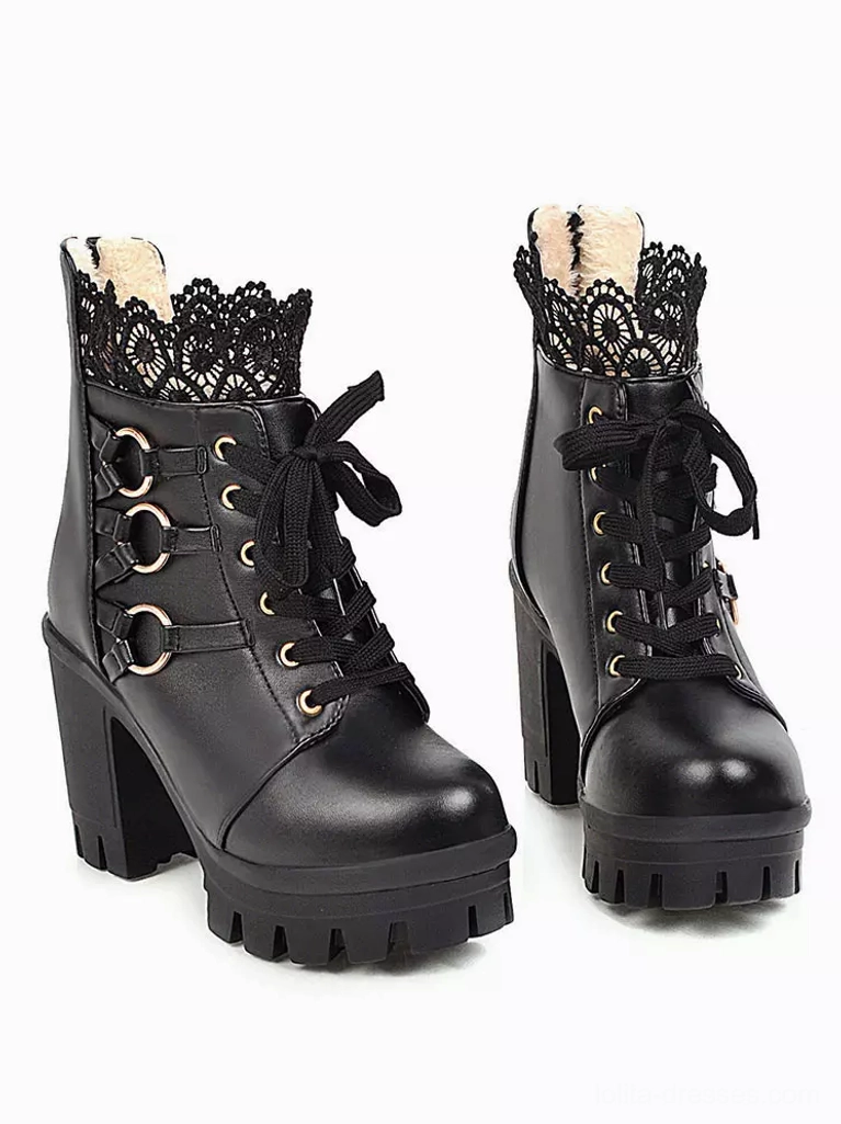 Pair of black Gothic lolita chunky heel ankle boots front-side view showing matching lace trim lug platform sole and lace-up details